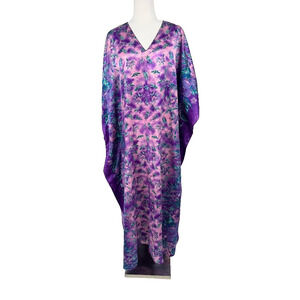 Vtg WINLAR Kaftan Dress Muumuu Silky Purple Floral One Size Cover Up Maxi Dress